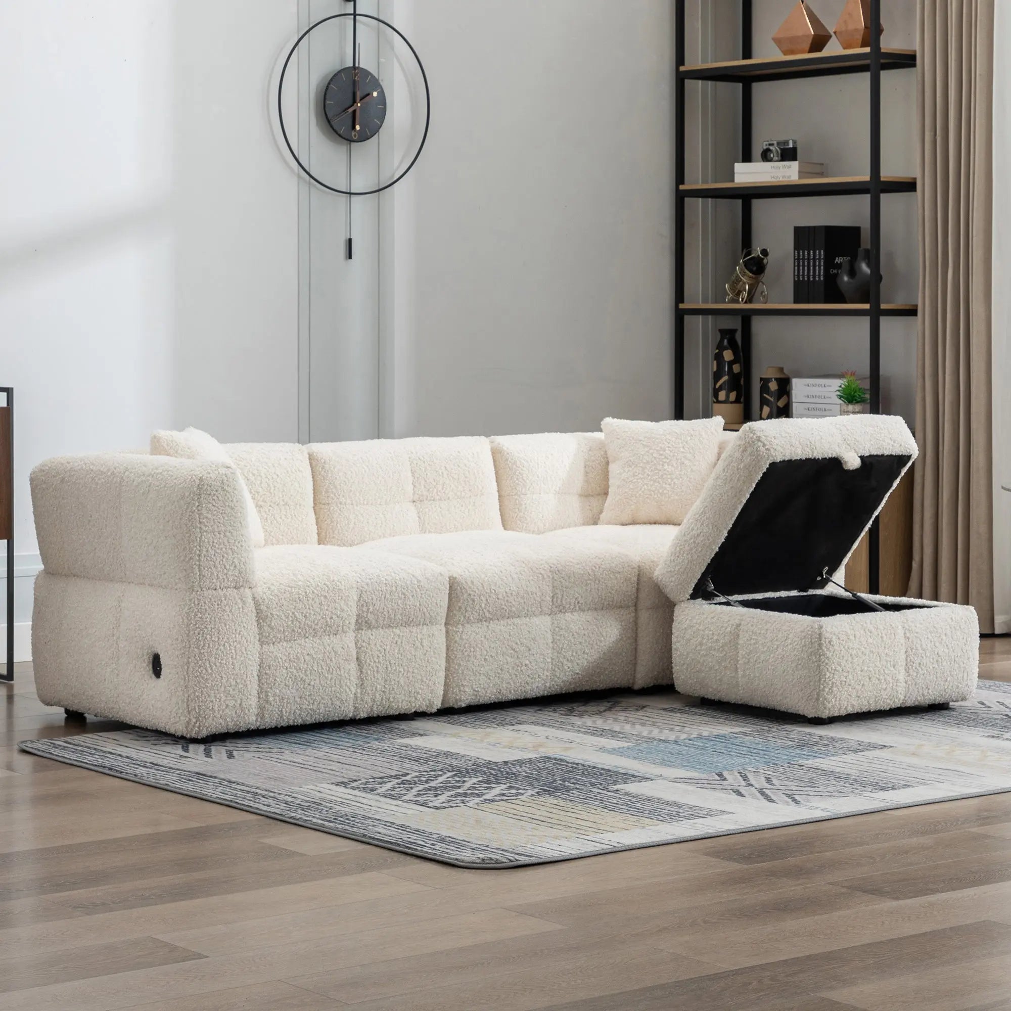 Bellemave® 87.7" Cozy Teddy Fleece Fabric Sectional Sofa Couch with Two USB Ports a Movable Storage Ottoman and Two Lumbar Pillows Bellemave®