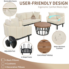 Bellemave® Luxury Modern 4-Piece Outdoor Iron Frame Conversation Set with Acacia Wood Round Coffee Table Bellemave®