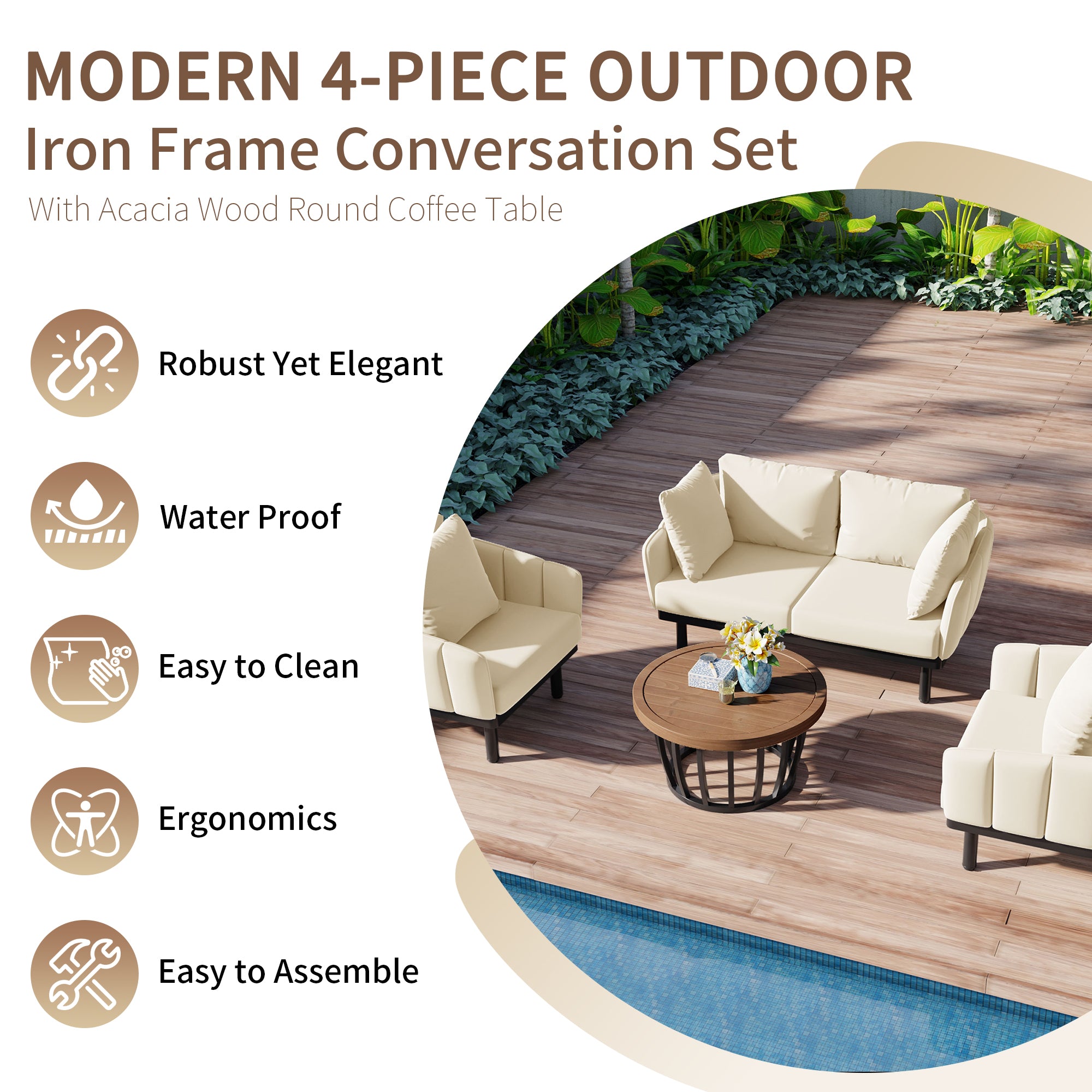 Bellemave® Luxury Modern 4-Piece Outdoor Iron Frame Conversation Set with Acacia Wood Round Coffee Table Bellemave®