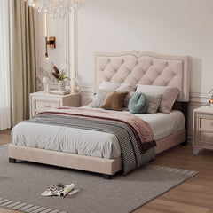 Bellemave Modern Velvet Upholstered Platform Bed with Tufted Headboard and Rivet Design