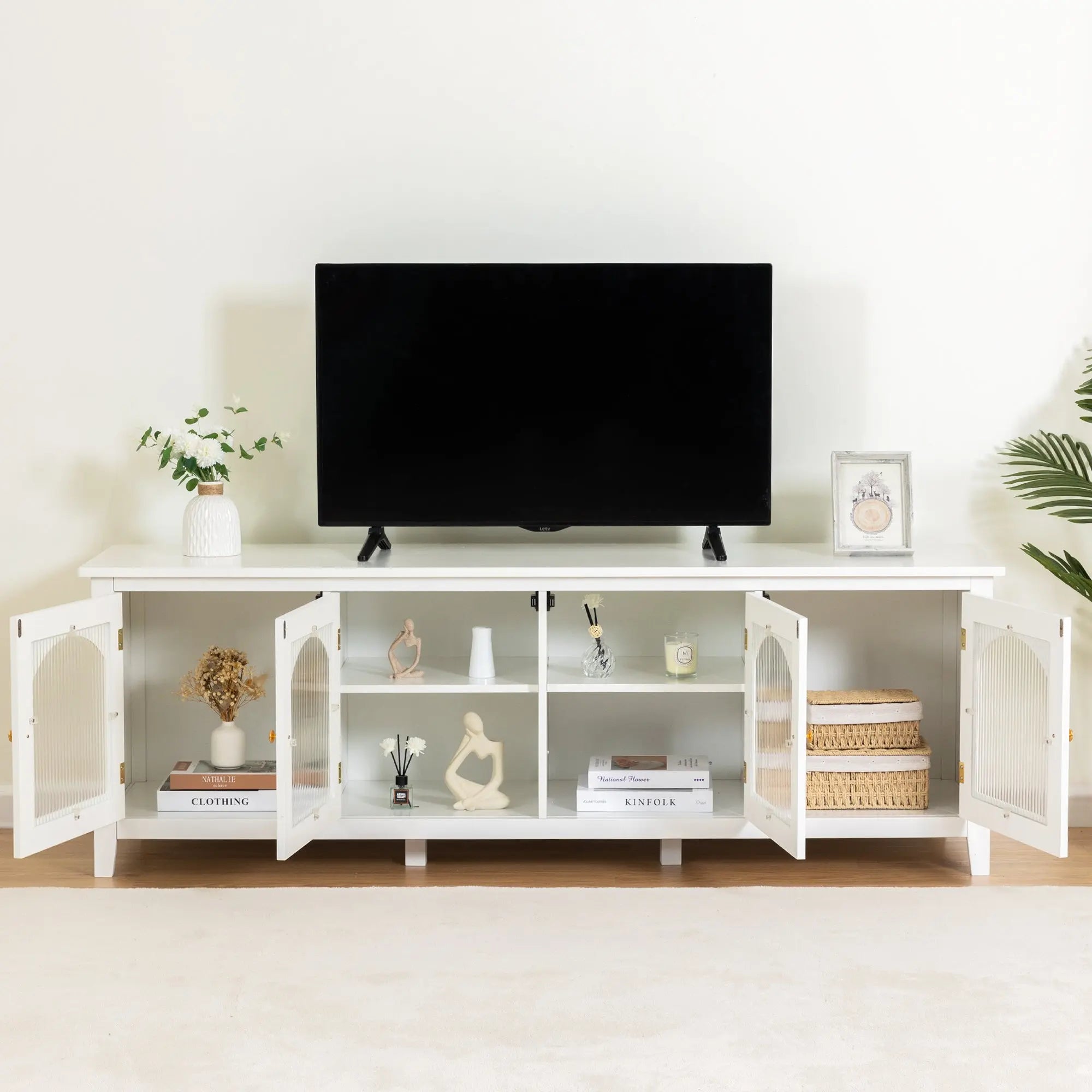 Bellemave 71" chstylish TV Cabinet Entertainment Center TV Stand Solid Wood Frame,ChangHong Glass Door,Metal Handle Bellemave