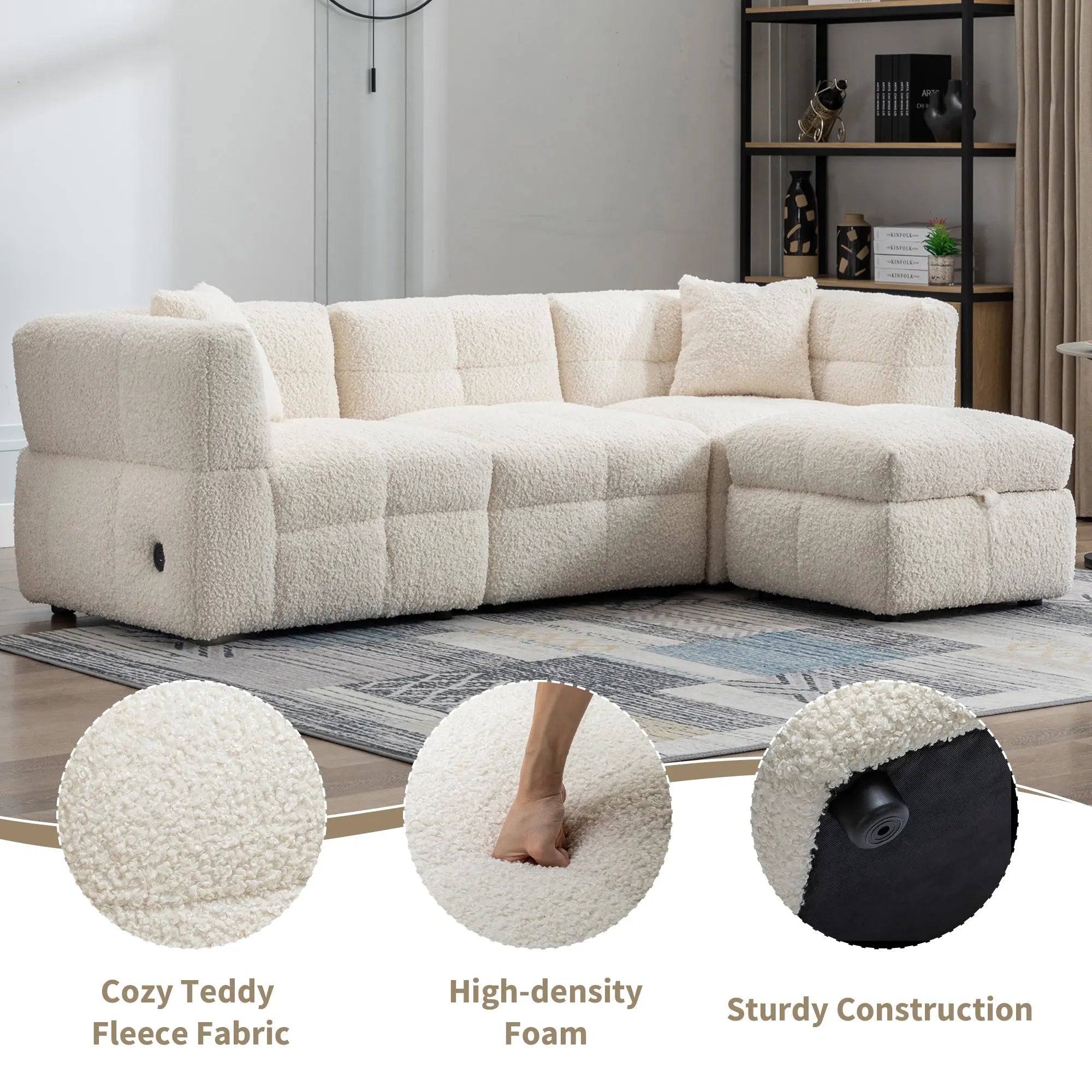 Bellemave® 87.7" Cozy Teddy Fleece Fabric Sectional Sofa Couch with Two USB Ports a Movable Storage Ottoman and Two Lumbar Pillows Bellemave®