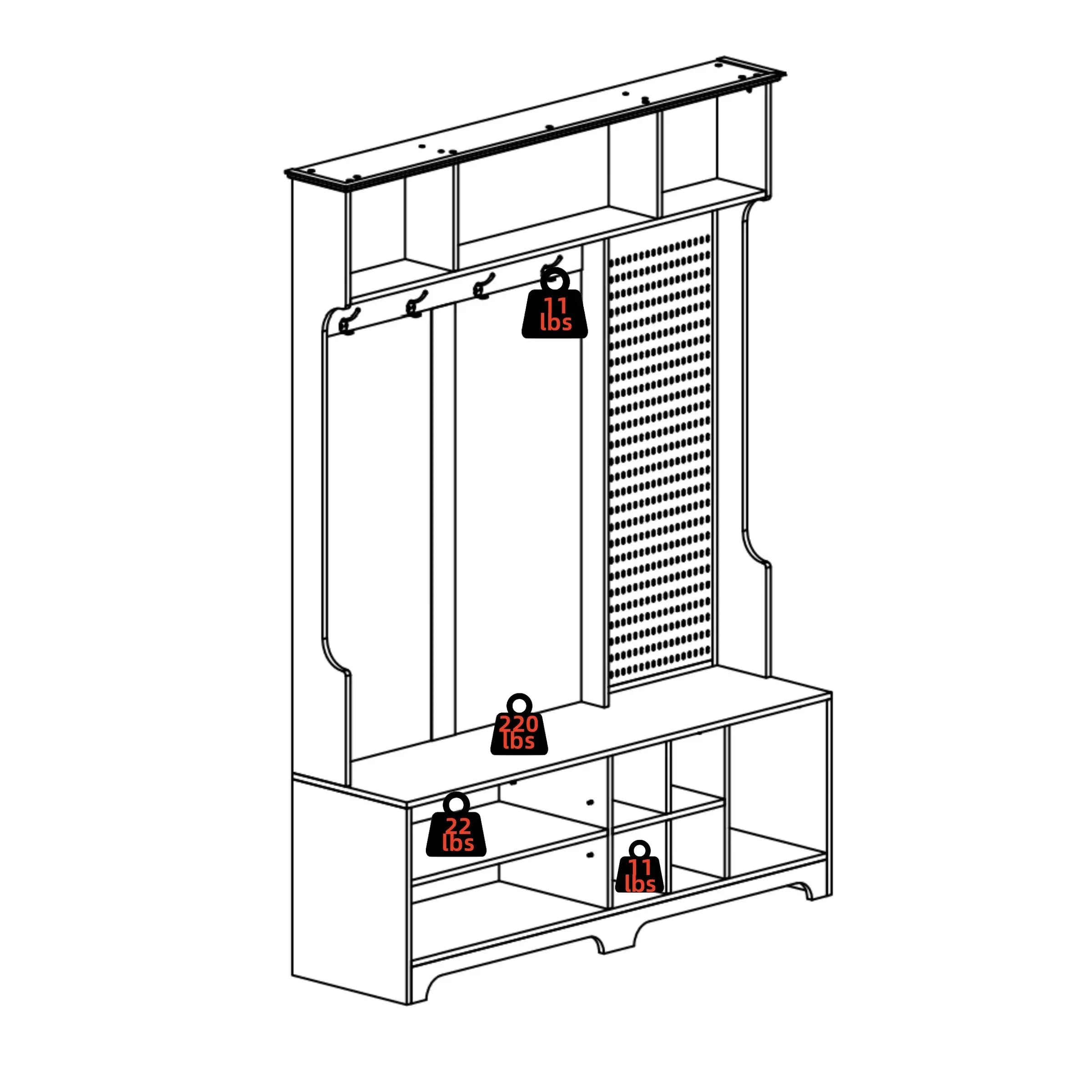 Bellemave® 57" Hall Tree with Shoe Bench, Coat Rack ,Shoe Storage ,Storage Shelves and Pegboard Bellemave®