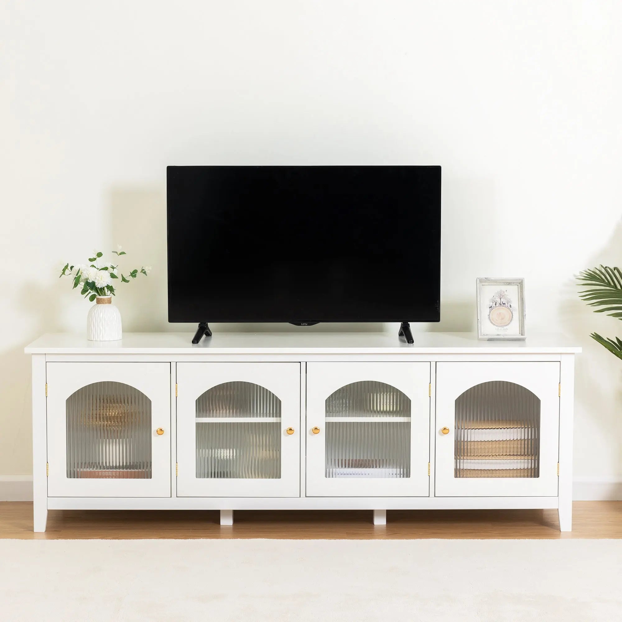 Bellemave 71" chstylish TV Cabinet Entertainment Center TV Stand Solid Wood Frame,ChangHong Glass Door,Metal Handle Bellemave