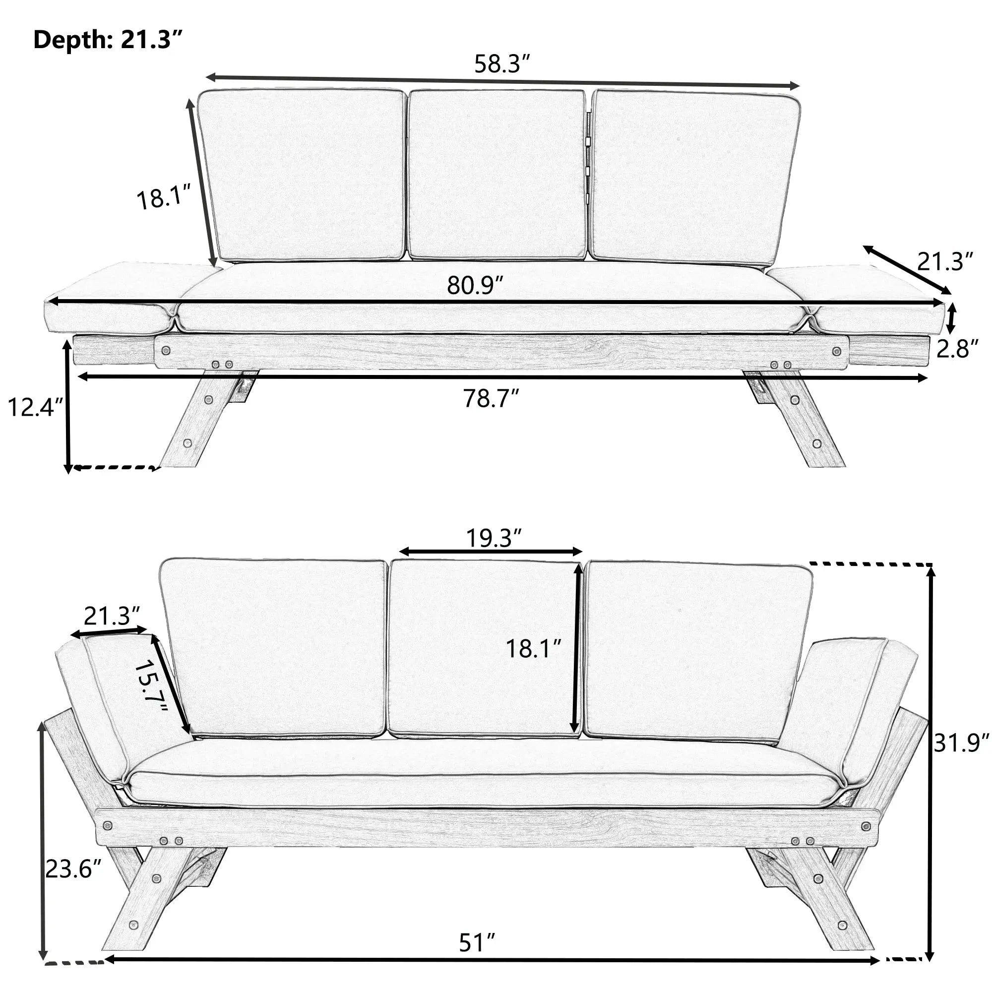 Bellemave® Outdoor Adjustable Patio Wooden Daybed Sofa Chaise Lounge with Cushions Bellemave®