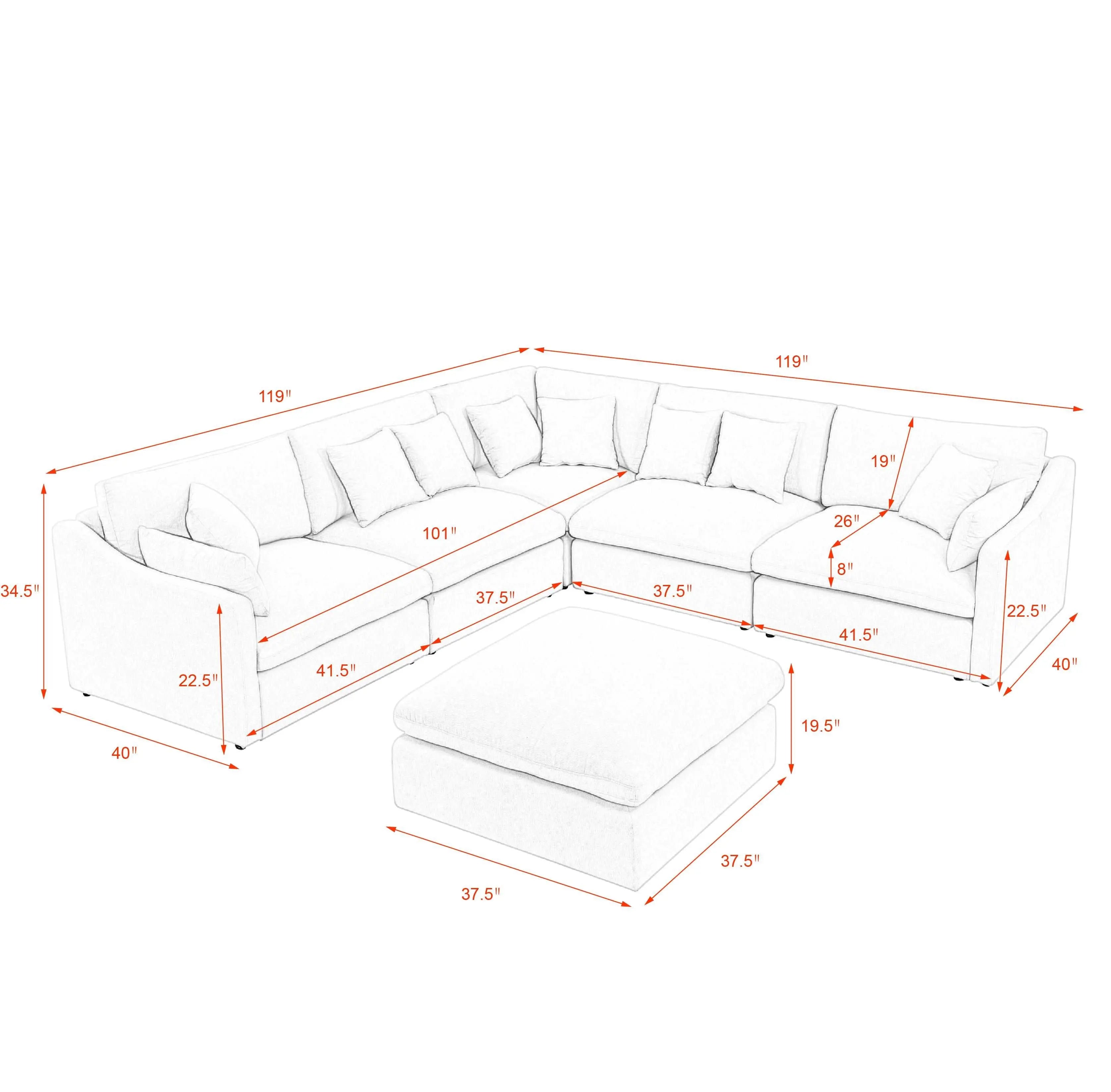 Bellemave 119" L-Shaped Sectional Sofa with Ottoman,10 Pillows, Oversized Upholstered Couch w/Removable Down-Filled Seat Cushion