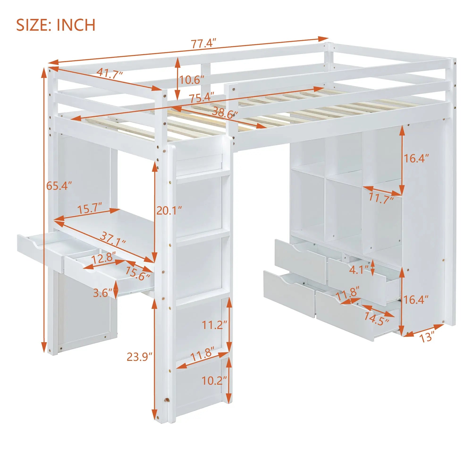 Bellemave® Loft Bed with large shelves, writing desk and LED Light Bellemave®