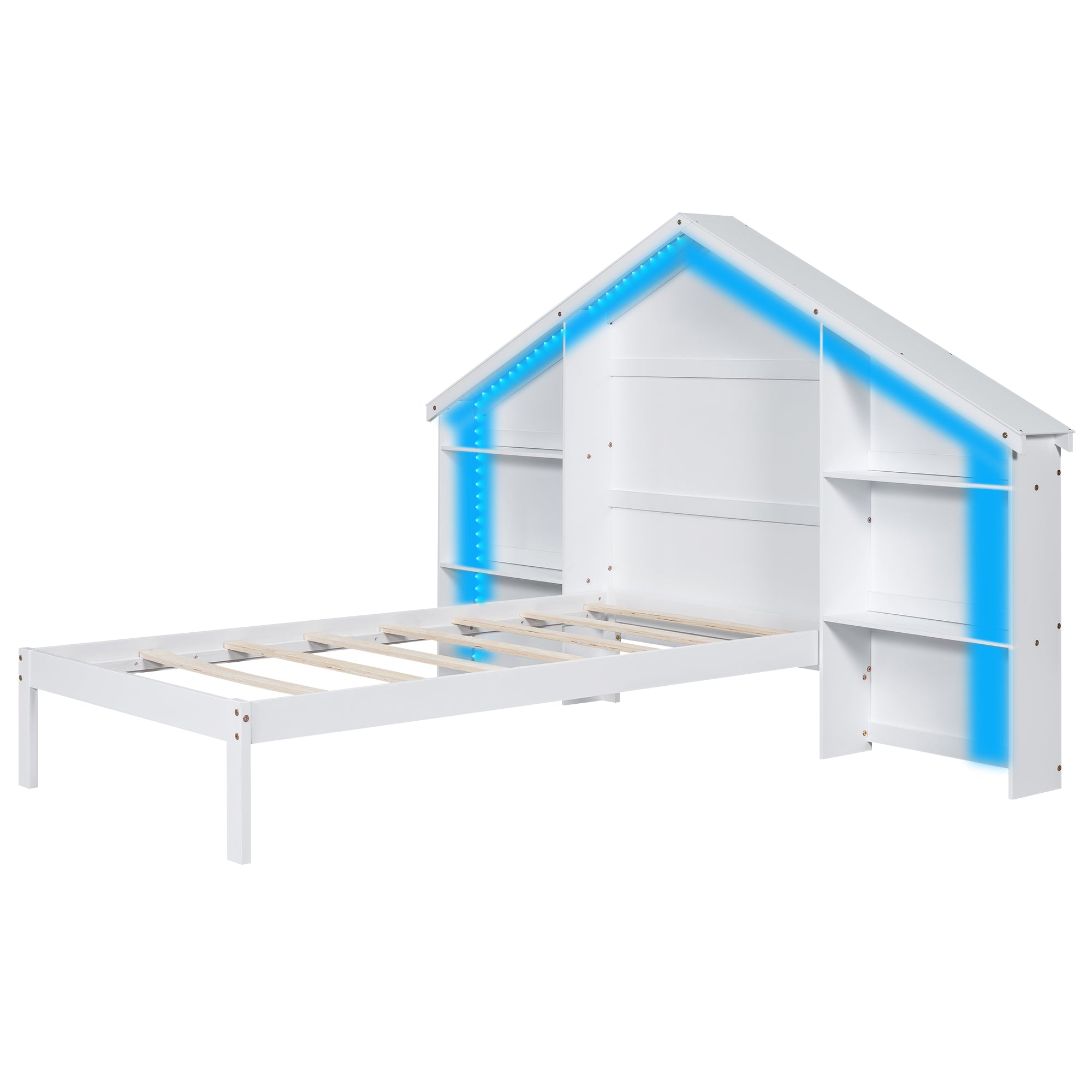 Bellemave® Wood Platform Bed with House-shaped Storage Headboard and Built-in LED Bellemave®