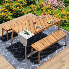 Bellemave® 3-Pieces Acacia Wood Table Bench Dining Set,2 Benches and Picnic Beer Table Bellemave