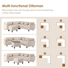 Bellemave® 87" L-Shape Modern Sectional Sofa with Coffee Table,Storage Ottoman and Unique Armrests Bellemave