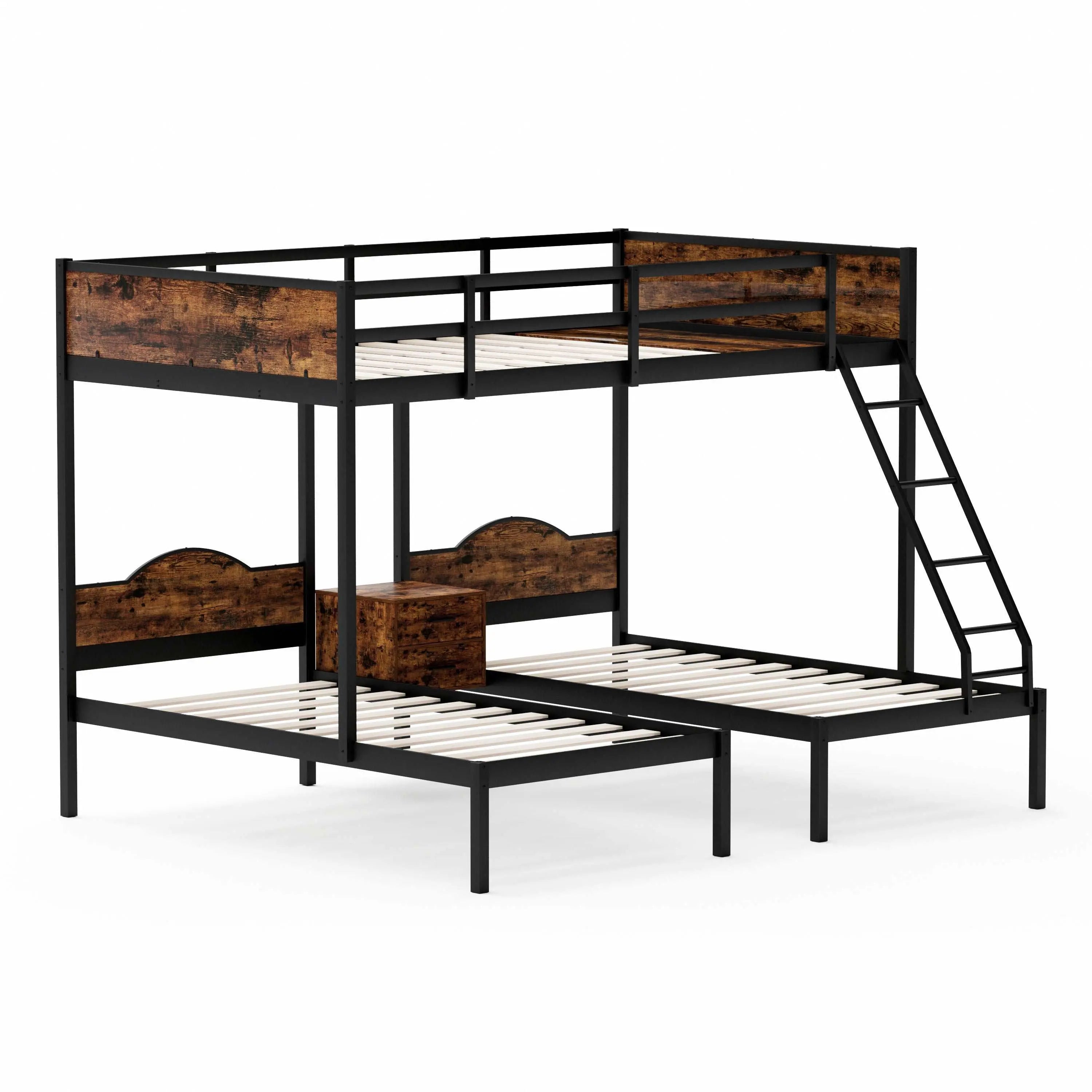 Bellemave Full Over Twin & Twin Metal Triple Bunk Bed With Nightstand and Guardrails