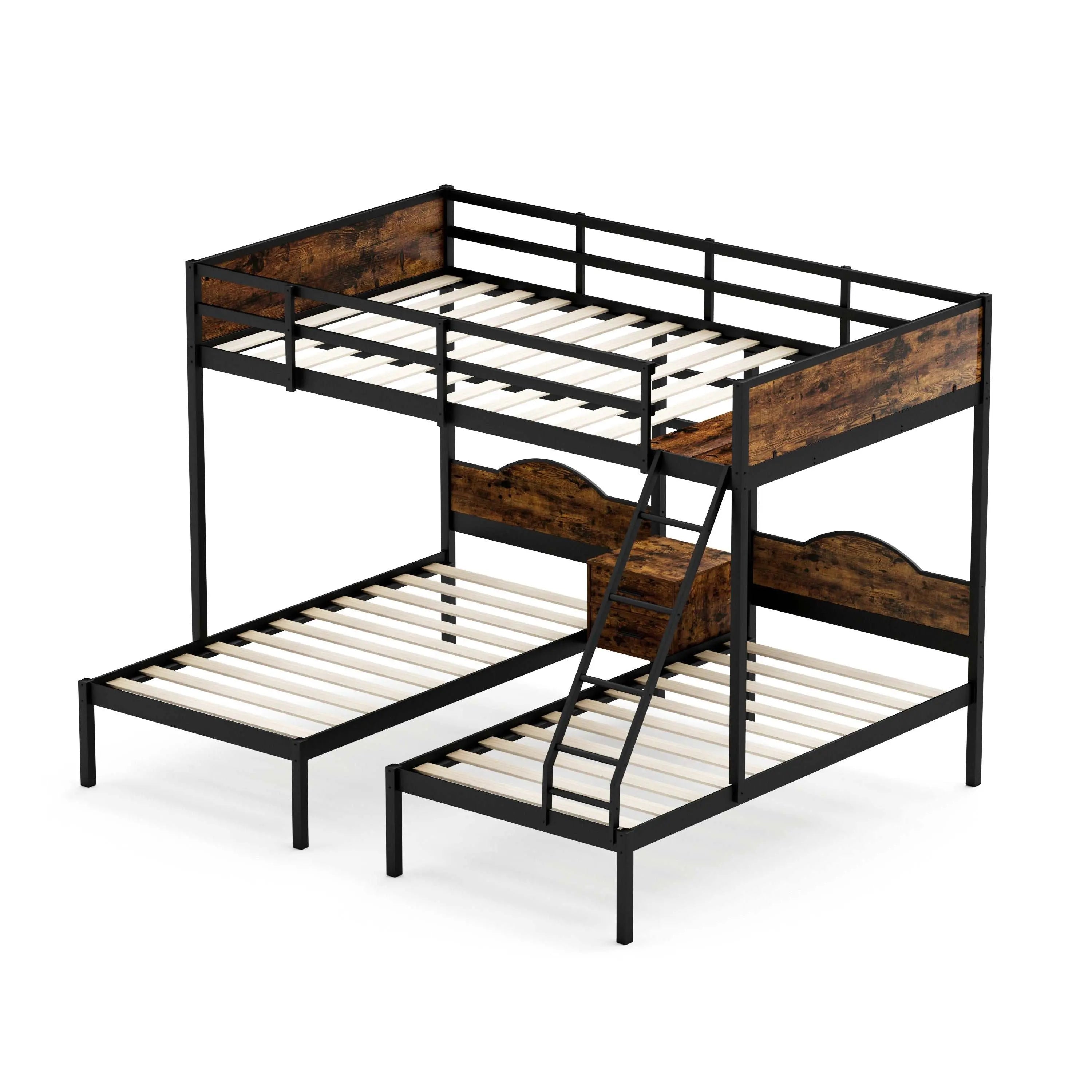 Bellemave Full Over Twin & Twin Metal Triple Bunk Bed With Nightstand and Guardrails