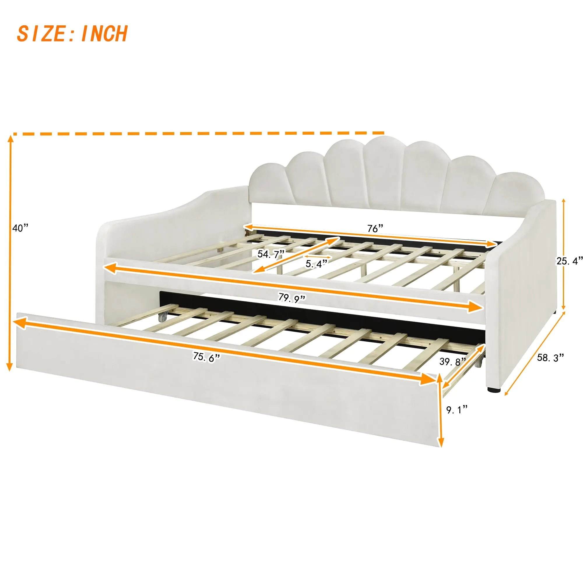 Bellemave Full Size Upholstery Daybed Frame with Shall Shaped Backrest and Trundle Bellemave