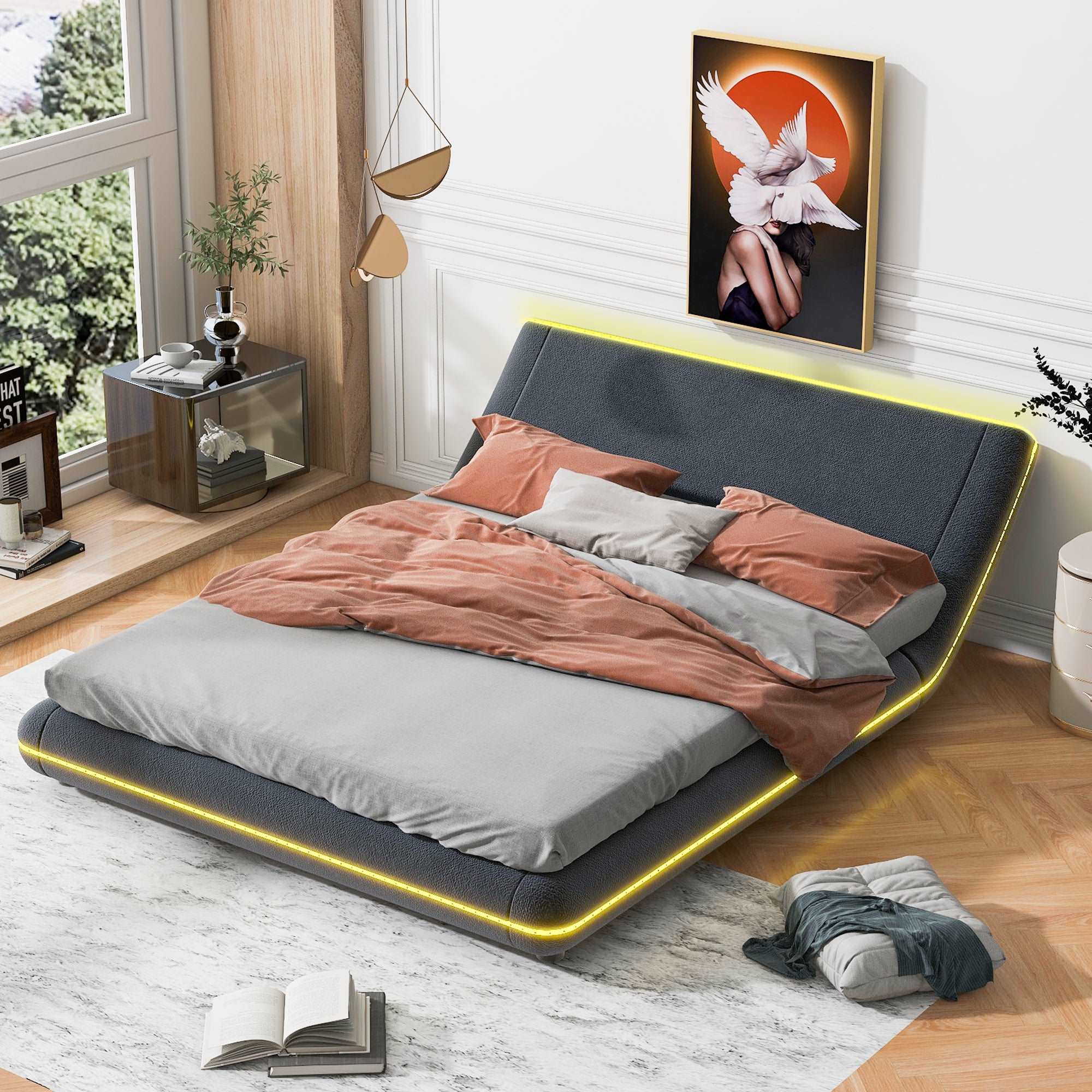 Bellemave Upholstery Platform Bed Frame with Sloped Headboard