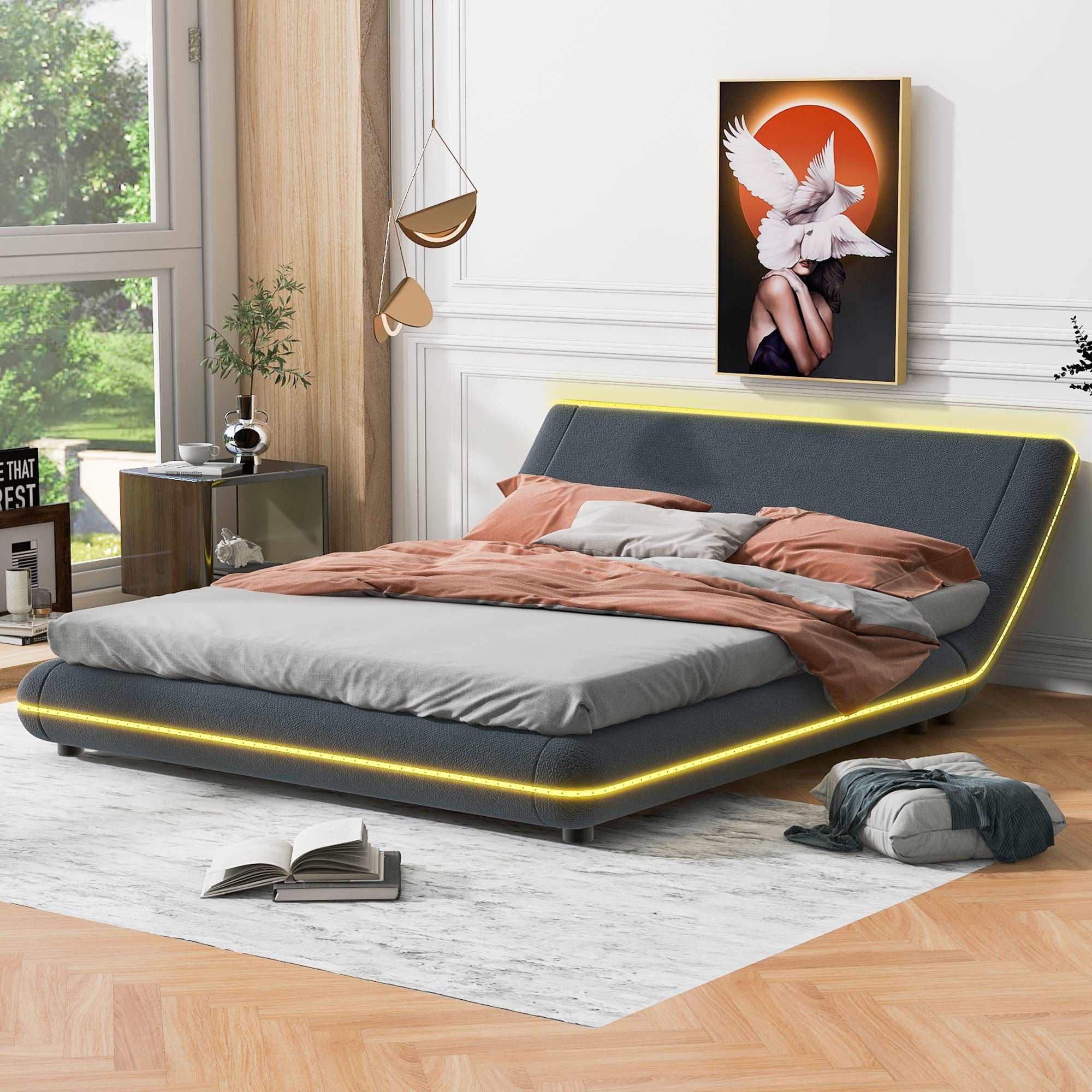 Bellemave Upholstery Platform Bed Frame with Sloped Headboard