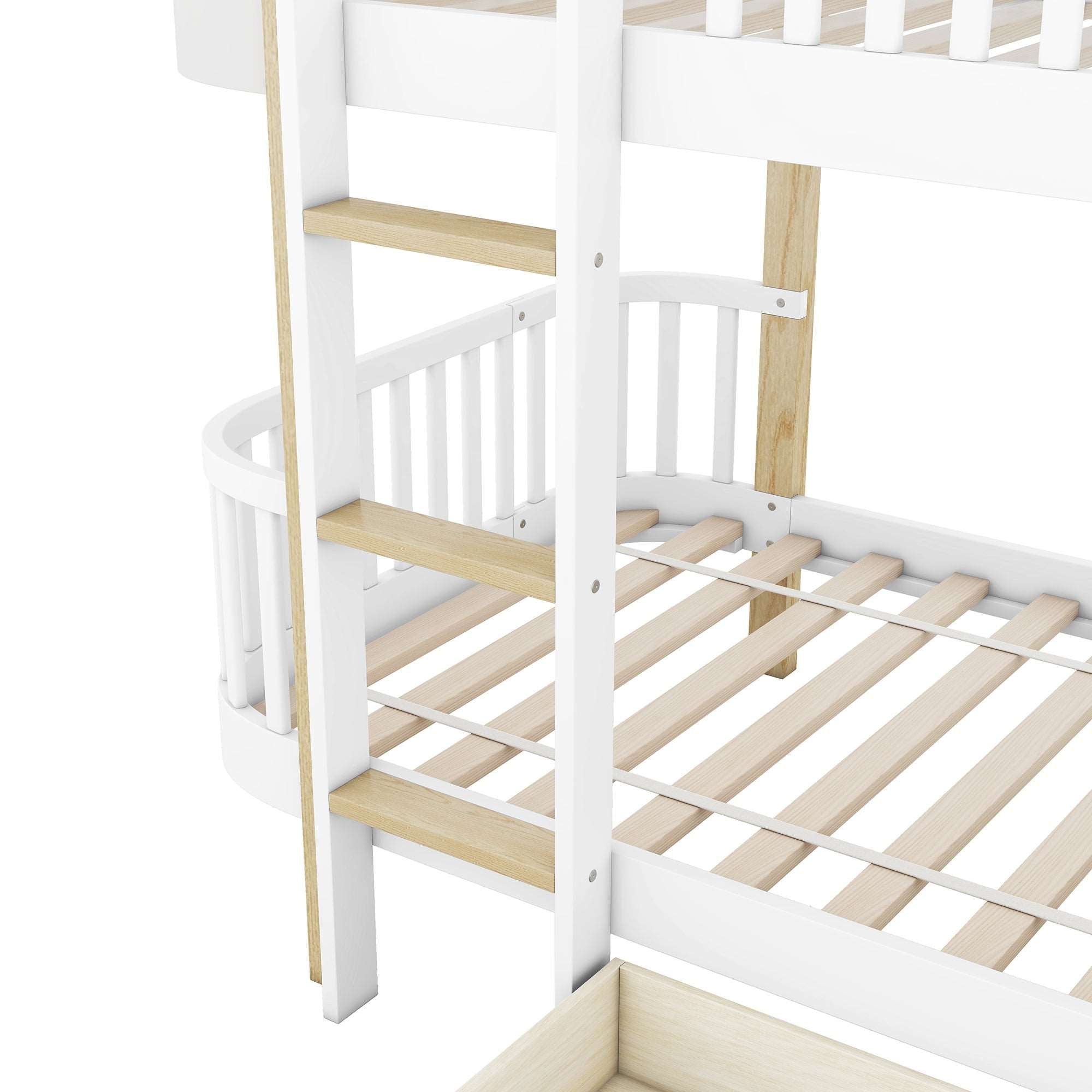 Bellemave Twin Size Wood Bunk Bed with Fence Guardrail and a Big Drawer