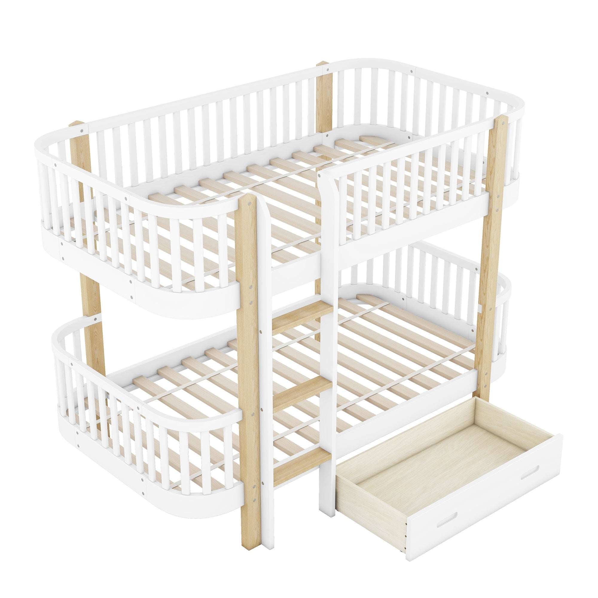 Bellemave Twin Size Wood Bunk Bed with Fence Guardrail and a Big Drawer