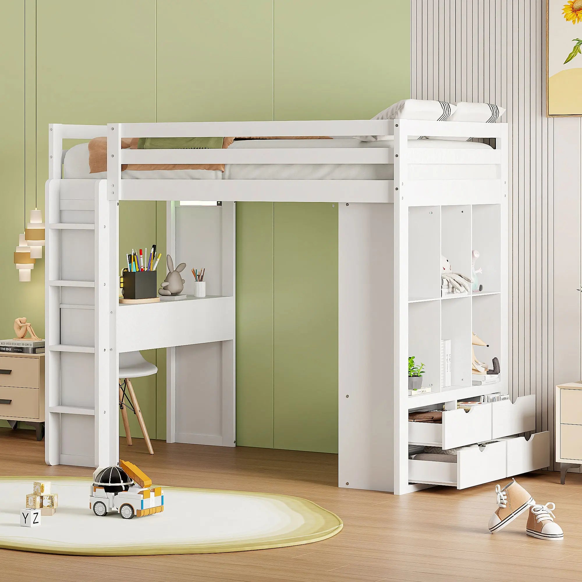 Bellemave® Loft Bed with large shelves, writing desk and LED Light Bellemave®