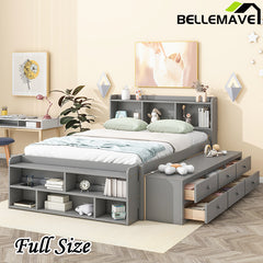 Bellemave® Full Size Platform Bed with Bookcase Headboard, Under bed Storage Drawers and Bed End Storage Case