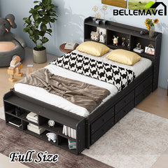 Bellemave® Full Size Platform Bed with Bookcase Headboard, Under bed Storage Drawers and Bed End Storage Case