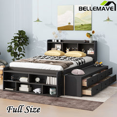 Bellemave® Full Size Platform Bed with Bookcase Headboard, Under bed Storage Drawers and Bed End Storage Case