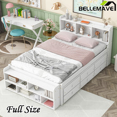 Bellemave® Full Size Platform Bed with Bookcase Headboard, Under bed Storage Drawers and Bed End Storage Case