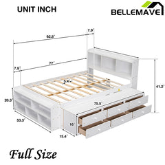 Bellemave® Full Size Platform Bed with Bookcase Headboard, Under bed Storage Drawers and Bed End Storage Case