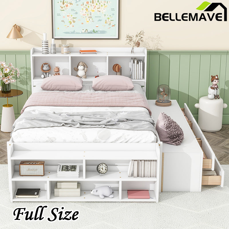 Bellemave® Full Size Platform Bed with Bookcase Headboard, Under bed Storage Drawers and Bed End Storage Case