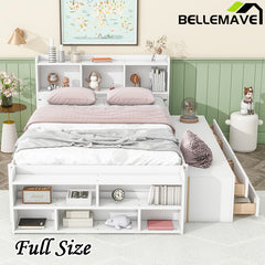 Bellemave® Full Size Platform Bed with Bookcase Headboard, Under bed Storage Drawers and Bed End Storage Case