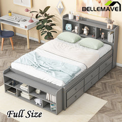 Bellemave® Full Size Platform Bed with Bookcase Headboard, Under bed Storage Drawers and Bed End Storage Case