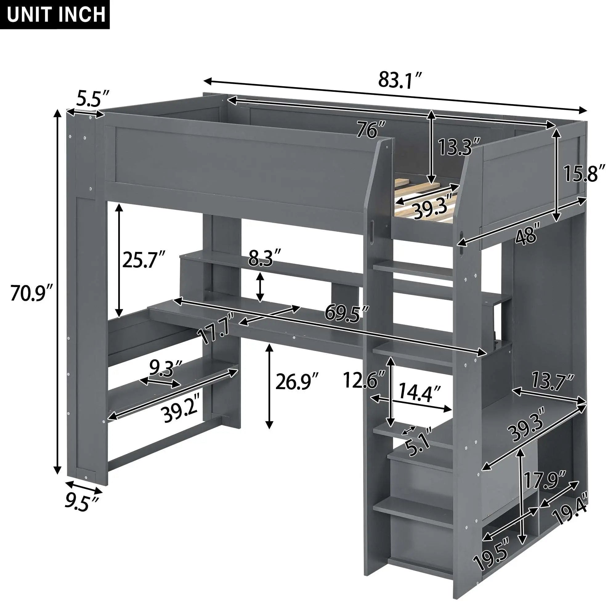 Bellemave Gaming Loft Bed with Desk, Multi-storage Shelves, LED and Charging Station