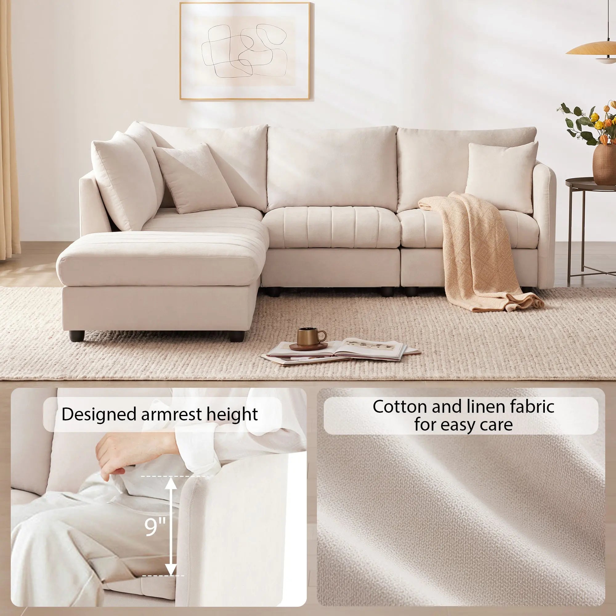 Bellemave® 89" L-Shaped Modern Sectional Sofa with Vertical Stripes,2 Pillows and Convertible Ottoman Bellemave