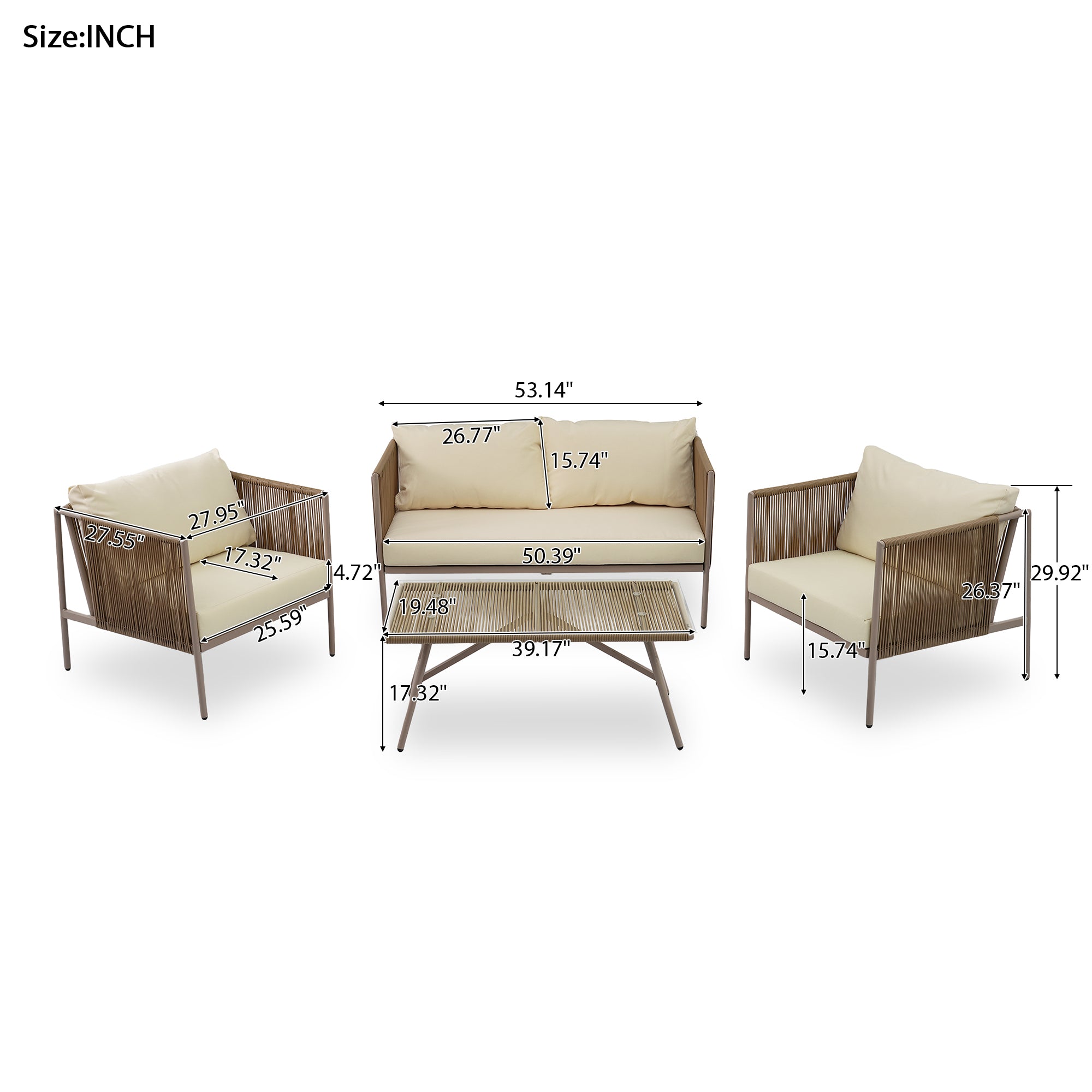 Bellemave® 4-Piece Rope Sofa Set with Thick Cushions and Toughened Glass Table Bellemave