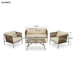 Bellemave® 4-Piece Rope Sofa Set with Thick Cushions and Toughened Glass Table Bellemave