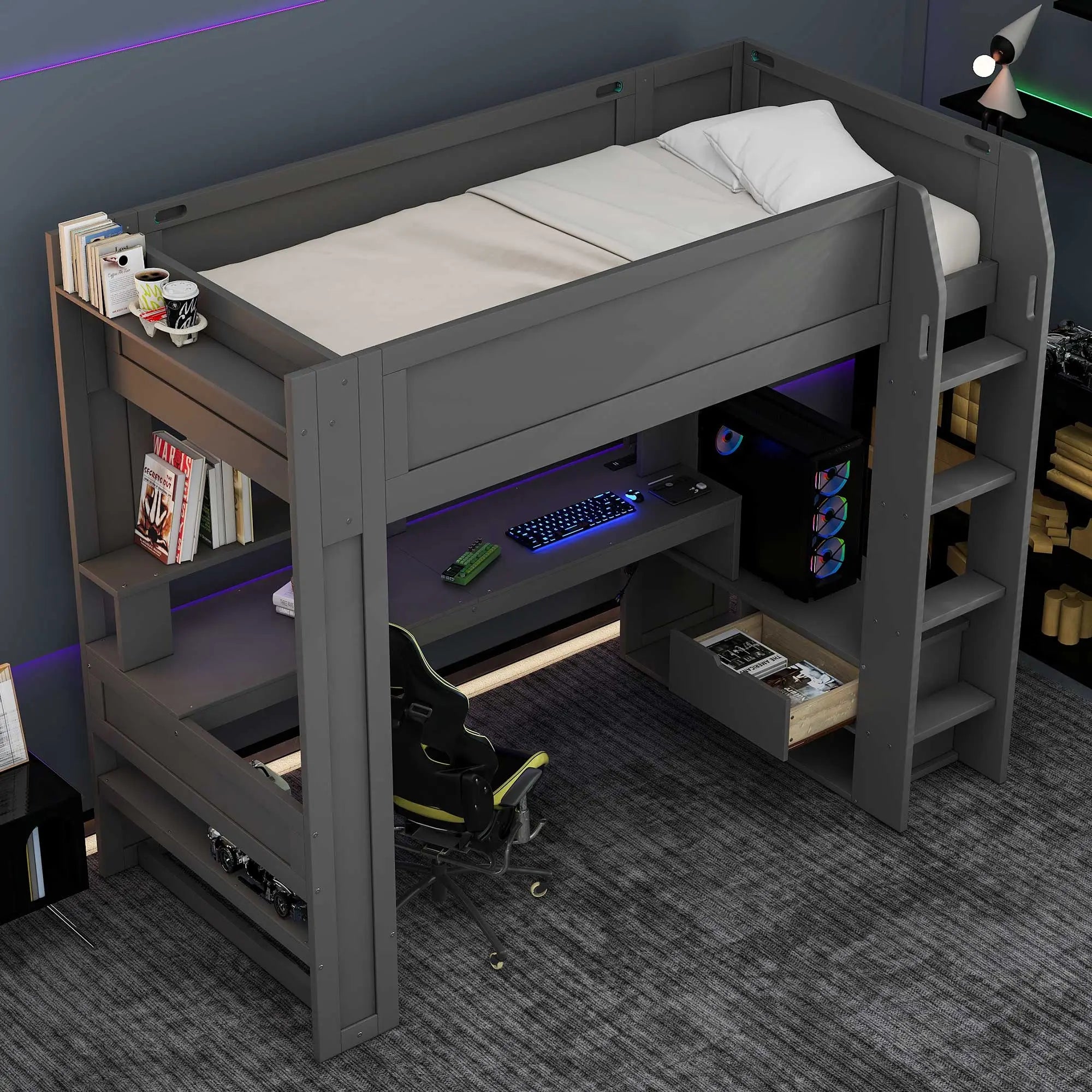 Bellemave® Gaming Loft Bed with Desk, Multi-storage Shelves, LED and Charging Station Bellemave®