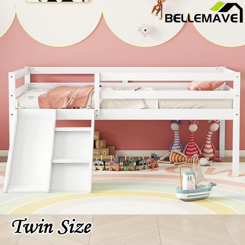 Bellemave® Twin Size Low Loft Bed with Slide, Ladder, Safety Guardrails