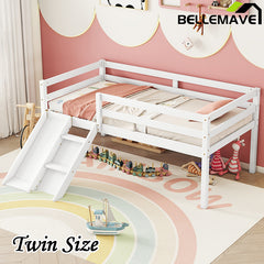 Bellemave® Twin Size Low Loft Bed with Slide, Ladder, Safety Guardrails