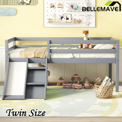 Bellemave® Twin Size Low Loft Bed with Slide, Ladder, Safety Guardrails