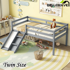 Bellemave® Twin Size Low Loft Bed with Slide, Ladder, Safety Guardrails