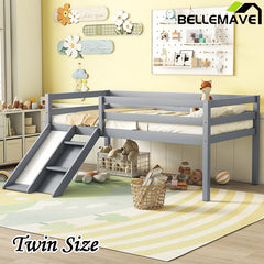 Bellemave® Twin Size Low Loft Bed with Slide, Ladder, Safety Guardrails