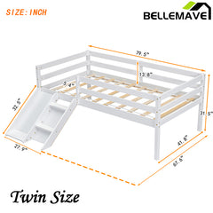 Bellemave® Twin Size Low Loft Bed with Slide, Ladder, Safety Guardrails