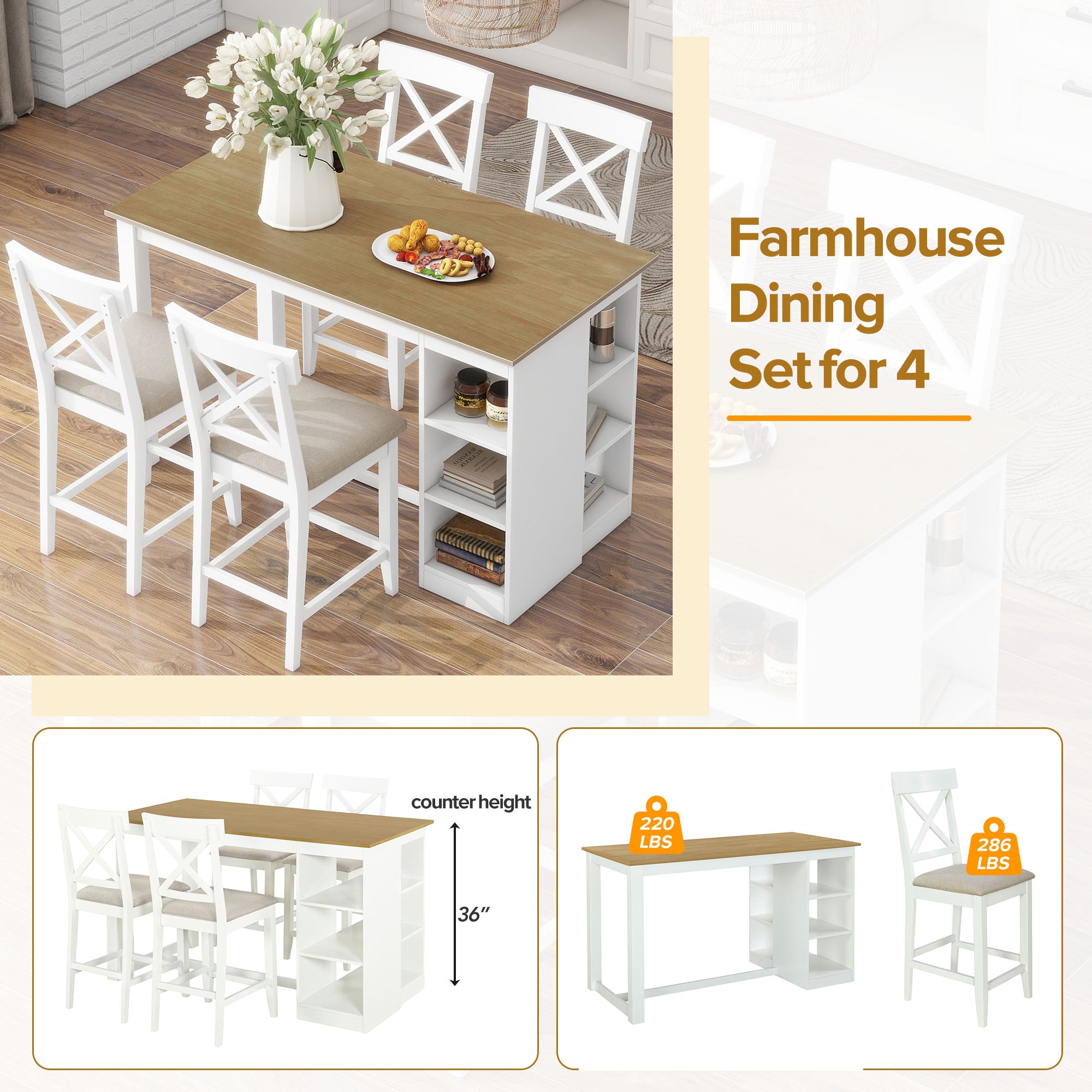 Bellemave 5-Piece Solid Wood Farmhouse Counter Height Dining Table Set with 3-Tier Storage Shelves and 4 Upholstered Dining Chairs Bellemave