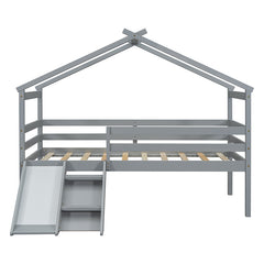 Bellemave® Twin Size Low Loft Bed with Slide, Ladder, Safety Guardrails, House Roof Frame