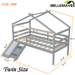 Bellemave® Twin Size Low Loft Bed with Slide, Ladder, Safety Guardrails, House Roof Frame