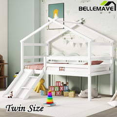 Bellemave® Twin Size Low Loft Bed with Slide, Ladder, Safety Guardrails, House Roof Frame