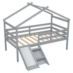 Bellemave® Twin Size Low Loft Bed with Slide, Ladder, Safety Guardrails, House Roof Frame