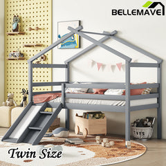 Bellemave® Twin Size Low Loft Bed with Slide, Ladder, Safety Guardrails, House Roof Frame