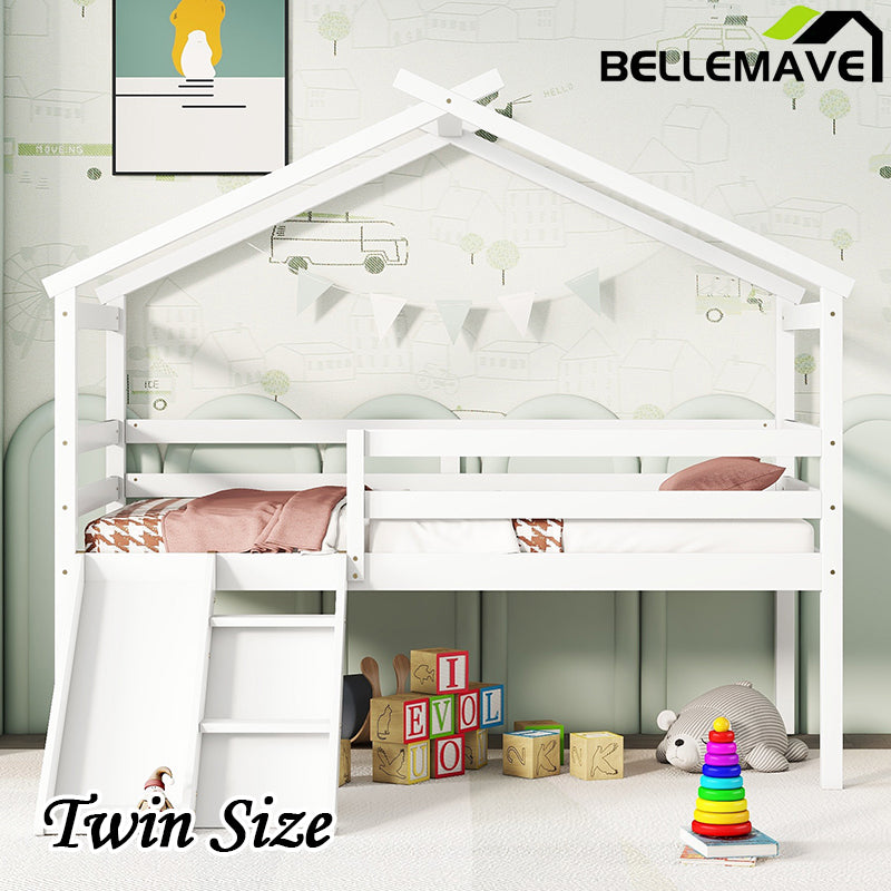 Bellemave® Twin Size Low Loft Bed with Slide, Ladder, Safety Guardrails, House Roof Frame