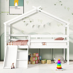 Bellemave® Twin Size Low Loft House Bed with Slide, Ladder, Safety Guardrails, House Roof Frame Bellemave®