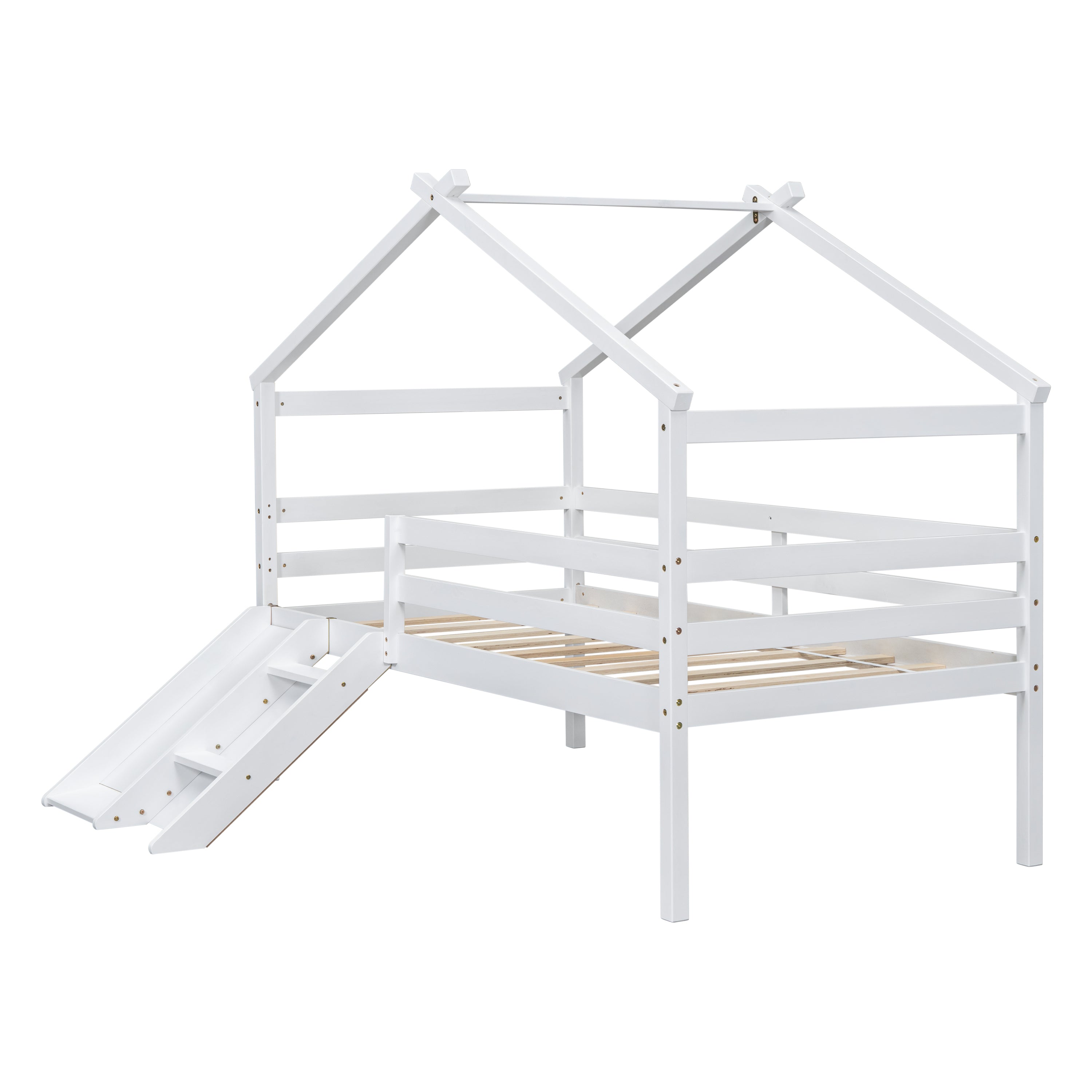 Bellemave® Twin Size Low Loft House Bed with Slide, Ladder, Safety Guardrails, House Roof Frame Bellemave®